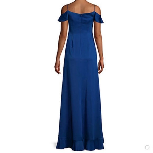 Aidan Mattox Satin Ruffle High Low Cold Shoulder Maxi Long Dress Navy Blue 8 - Picture 3 of 8
